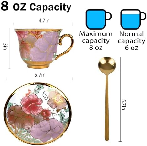 Tea Cups and Saucers Set of 6, 8 OZ Ceramic Tea Cups with Saucers