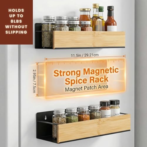 4 Pack Magnetic Spice Rack for Refrigerator, Real Bamboo