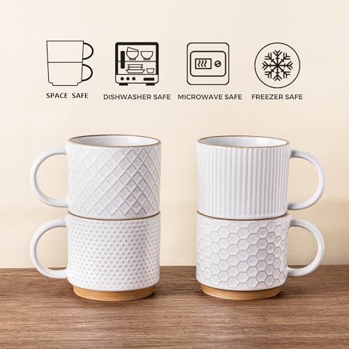 GBhome 12 OZ Stackable Coffee Mugs Set of 4, Ceramic Coffee Cups Set