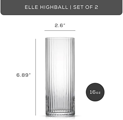 JoyJolt Elle 16oz Fluted Highball Glasses Set of 2, Ribbed Tall