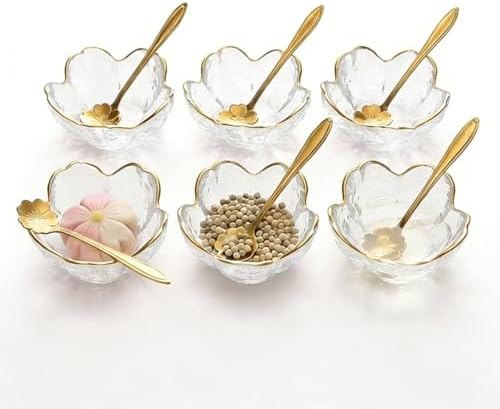 3.3“ Small Sakura Dipping Bowls Set with Gold Spoons,Clear Glass Sauce