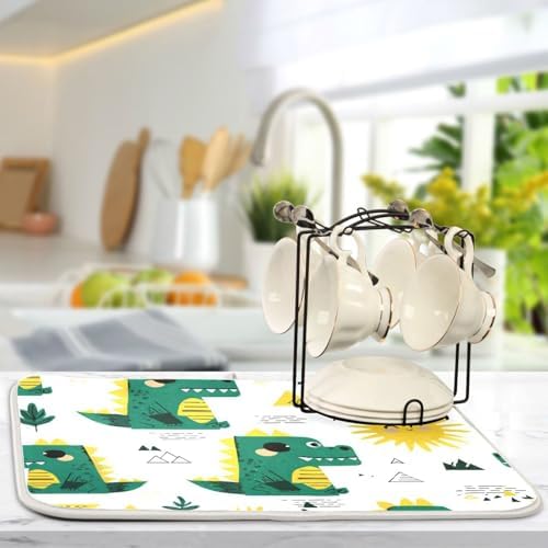 OTVEE Cute Dinosaur Pattern Dish Drying Mat for Kitchen Counter