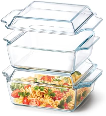 Set of 2 Glass Casserole Dish With Glass Lid, Square 6in x 6in Glass