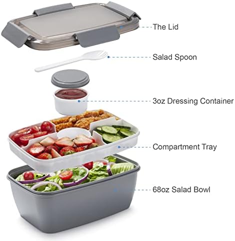 Freshmage Salad Lunch Container To Go, 68-oz Grey-XL, Leak-proof Lid