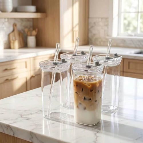 13oz Square Glass Cups with Lids and Straws, 4 Pcs Borosilicate Glass