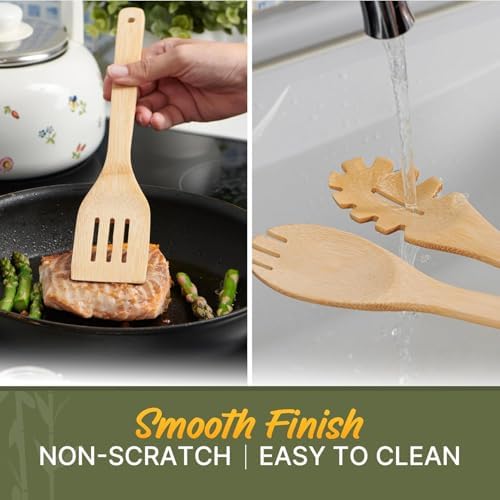 Wooden Utensil Set, Bamboo Utensils – 7 PCs Wood Spoons for Cooking