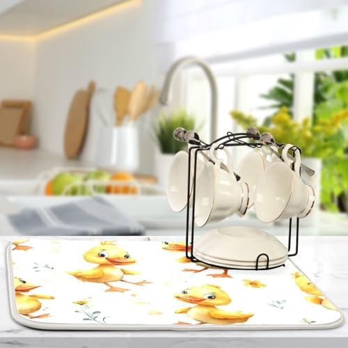 OTVEE Watercolor Duckling Art Dish Drying Mat for Kitchen Counter