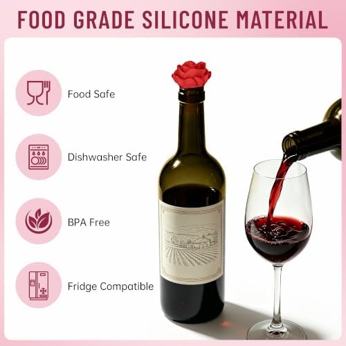 5‐Pack Silicone Wine Stopper Set, Rose Bottle Stopper+Wine Opener