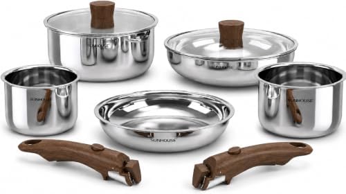 SUNHOUSE 9pcs 3-Ply Clad Stainless Steel Cookware Set w/Detachable Handle