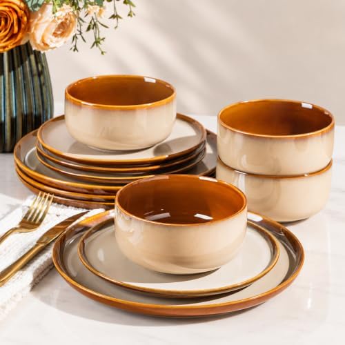 LeRatio Ceramic Dinnerware Sets for 4,12Pcs Porcelain Plates and Bowls
