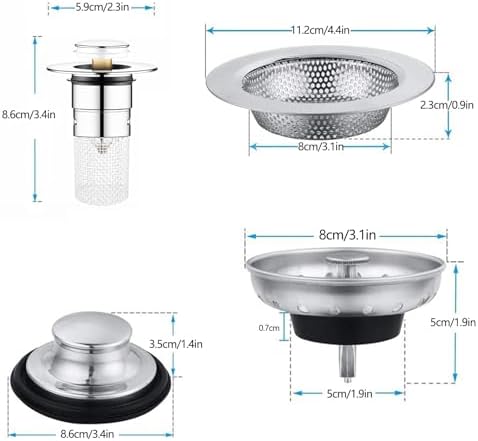 4-Piece Sink Drain Kit: Stainless Steel Strainer Stopper with Handle &