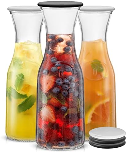 JoyJolt Glass Carafe with Lid, Set of 3 – 1 Liter Glass Pitcher for
