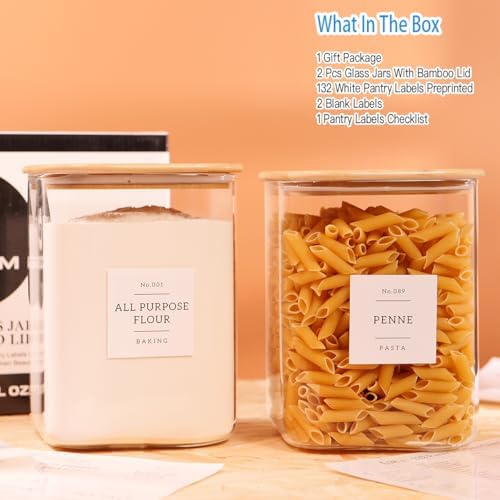 2 Pack Square Glass Flour and Sugar Containers with 132 Kitchen Pantry