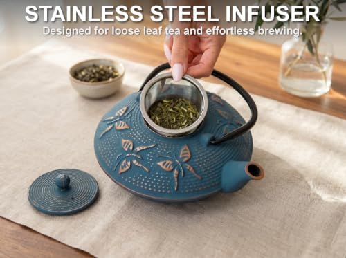 Blue Butterfly Cast Iron Tea Set, 2 Cups, 2 Saucers, Infuser & Trivet
