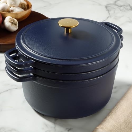 Sur La Table Kitchen Essentials 4-Piece Enameled Cast Iron Stackable Cookware Set, 5.3 Qt Dutch Oven with Lid, Braiser & Grill Pan, Navy Blue, Gold Knob Oven Safe to 500°F, Induction Compatible