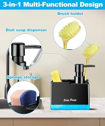 Dish Soap Dispenser with Sponge Holder, 3-in-1, Black