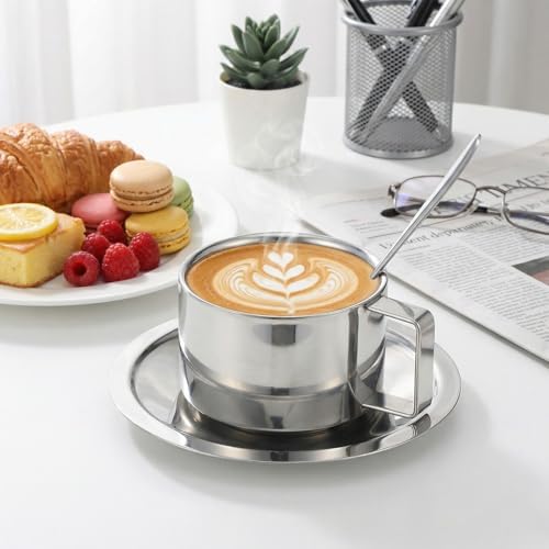 4 Pcs 6.8oz Stainless Steel Espresso Cup Set Coffee Mug with Saucer &