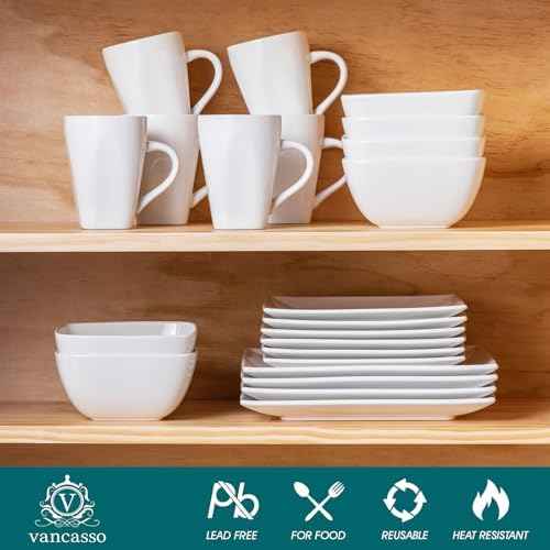 vancasso Soho Dinnerware Sets 24 Pieces, White Stoneware Square Place Setting, Dinner Plate, Dessert Plate, Cups and Plates Sets for Kitchen, Dish Set for 6, White