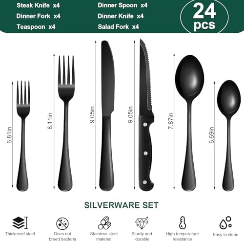 24-Piece Black Silverware Set with Steak Knives Black Stainless Steel