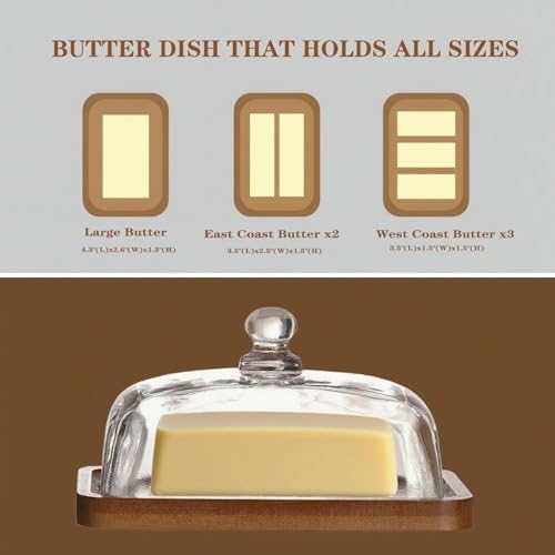 Glass Butter Dish with Lid,Airtight Cover for Fresh Butter,Clear