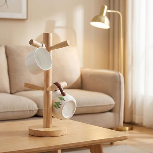 Happyupcity Wooden Mug Holder Tree Mug Rack with 6 Hooks Coffee Cup