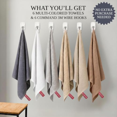 6-Pack Kitchen Towel Set with Wall Hooks, 100% Cotton