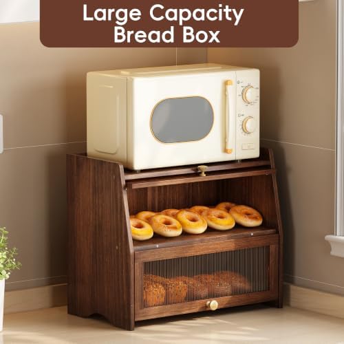 Bread Box for Kitchen Countertop, Double Layer Pine Wood Breadbox