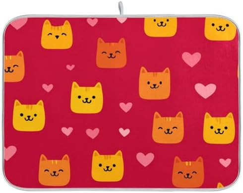 OTVEE Red Cat Art Dish Drying Mat for Kitchen Counter Absorbent Heat