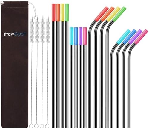 StrawExpert Set of 16 Reusable Stainless Steel Straws with Travel Case