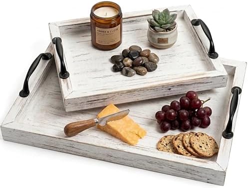 Gennua Kitchen Rustic Serving Tray Set with Handles, 2 Nesting Wooden