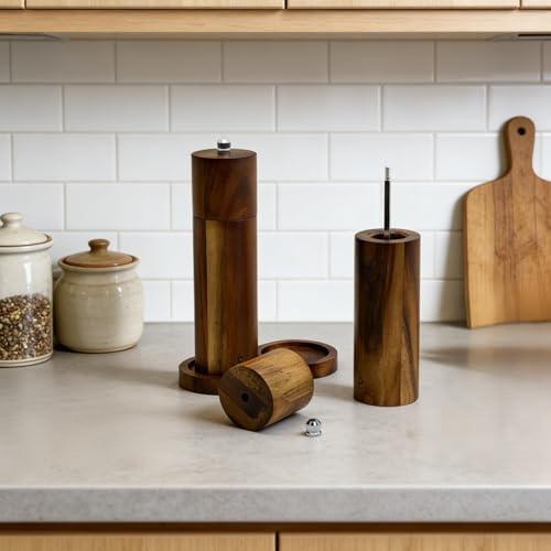 8 Inch Acacia Wooden Salt and Pepper Grinder Set, Refillable