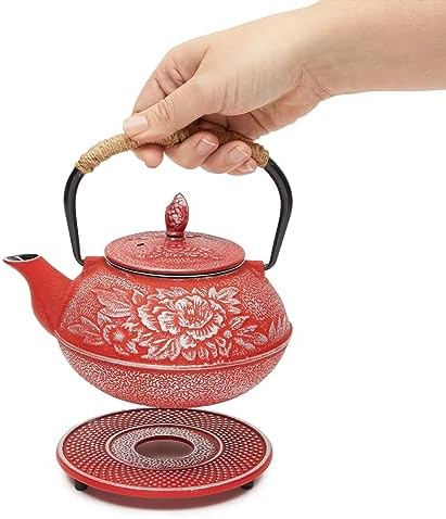 Juvale Japanese Cast Iron Teapot with Infuser - Red, 27 oz (800 ml)