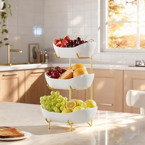 Ceramic 3 Tier Fruit Bowl, Fruit Basket for Kitchen Counter, Gold