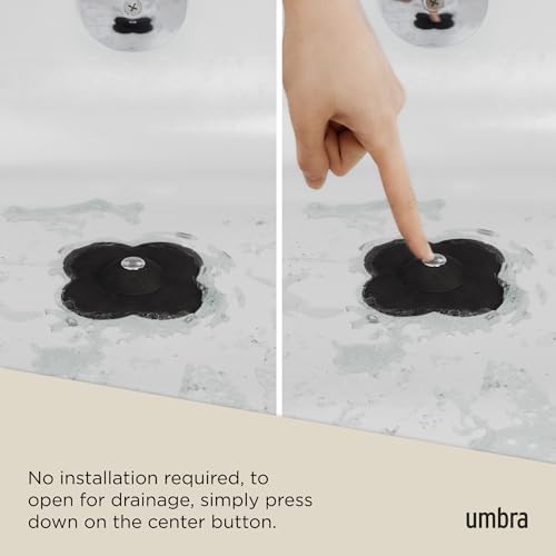Umbra Bloom Drain Stop, Bathtub Drain Hair Catcher, 3-Inch, Black
