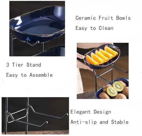 2-Tier Fruit Bowls for Kitchen Counter,Dark Blue Ceramic Bowl with Black Metal Stand,2 Tier Fruit Basket for Fruit,Snack,Cake,Nuts,Dessert Storage