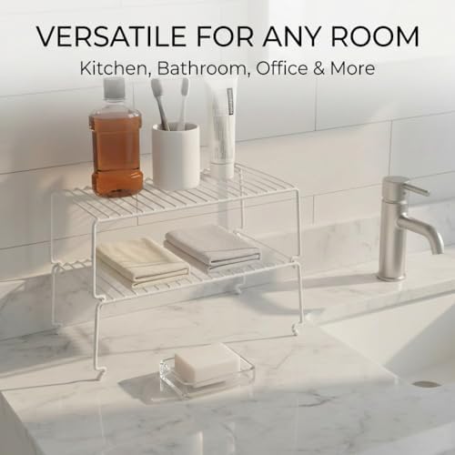 4-Pack Kitchen Cabinet Shelf Riser - Stackable Cupboard Organizer & Wire Rack for Pantry, Spice Organization, Desk & Bathroom, Rustproof Metal Closet Shelves, White (15.7" L x 8.5" W)