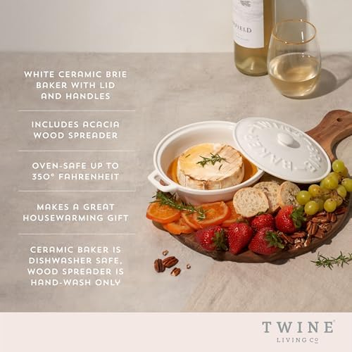 Twine Ceramic Brie Baker with Acacia Wood Spreader, Brie Baking Dish