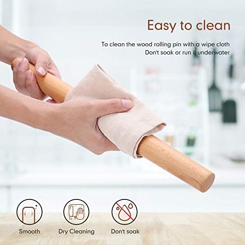 Wood French Rolling Pin for Baking, QUELLANCE Wooden Dough Roller with