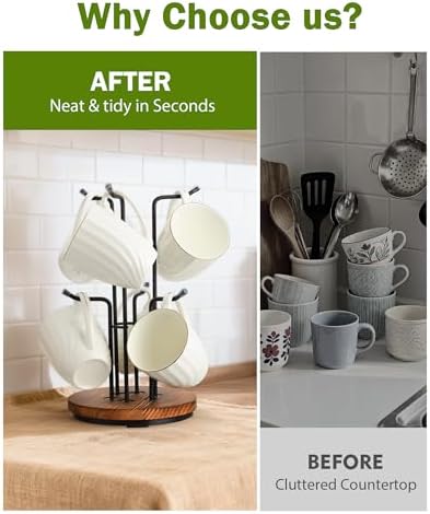 Rotating Large Mug Tree for Counter, Coffee Mug Holder, 6 Hooks