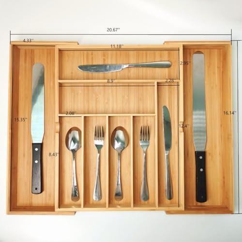 Bamboo Kitchen Drawer Organizer: Expandable Tray, Adjustable Cutlery