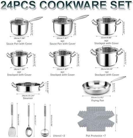 Stainless Steel Cookware Set - 24 PCS Kitchen Cookware Sets with 3-Ply Frying Pan and Steamer, Cool Handles, Heavy-Duty Chef Quality, Pots and Pans Set Compatible with All Stoves