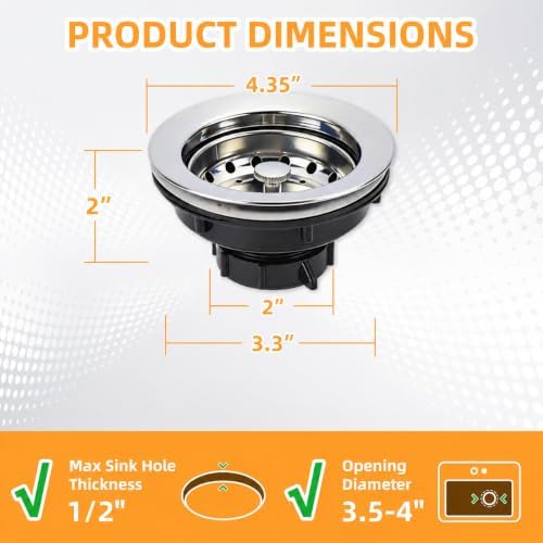 Kitchen Sink Drain Assembly, 3-1/2 Inch Basket Strainer