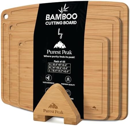 Bamboo Cutting Board Set of 3 with Storage Holder, Reversible Wood