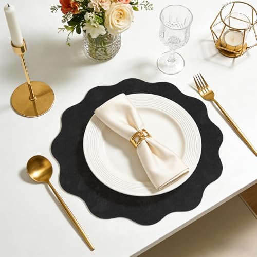 Black Placemats Set of 4 Faux Velvet Leather Place Mats Round