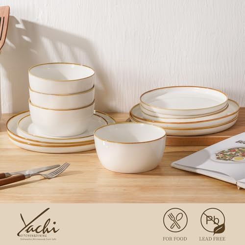 Yachi Plates and Bowls Sets, 12 Pieces Modern Style Porcelain
