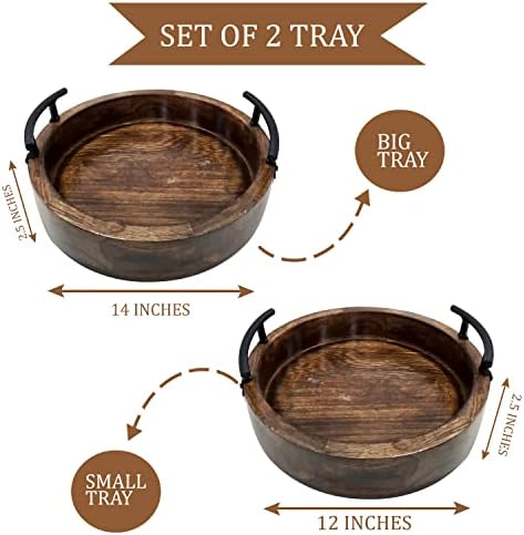 Handmade Round Wooden Serving Tray Set of 2 Rustic Deep Design with