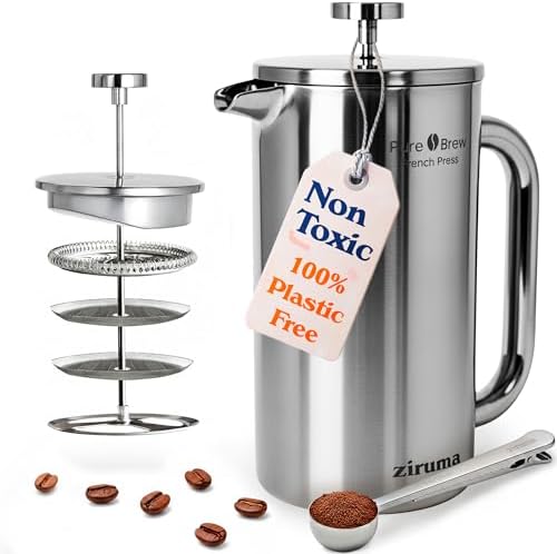 Non-Toxic Stainless Steel French Press, No Plastic or Heavy Metals