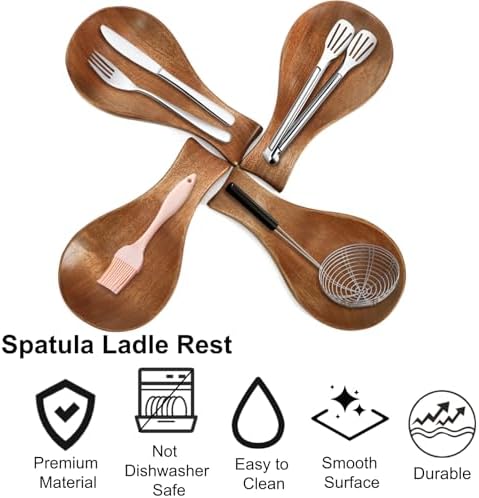 4 Pack Wood Spoon Rest for Stove Top, Spoon Holder for Kitchen Counter