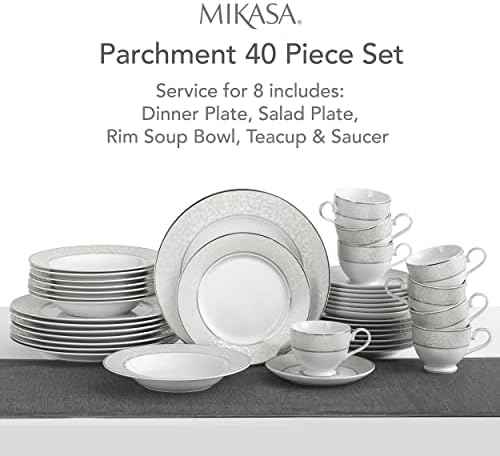 Mikasa Parchment 40-Piece Dinnerware Set, Service for 8, Durable Porcelain Plates, Bowls, and Mugs with Contemporary Design, Dishwasher Safe