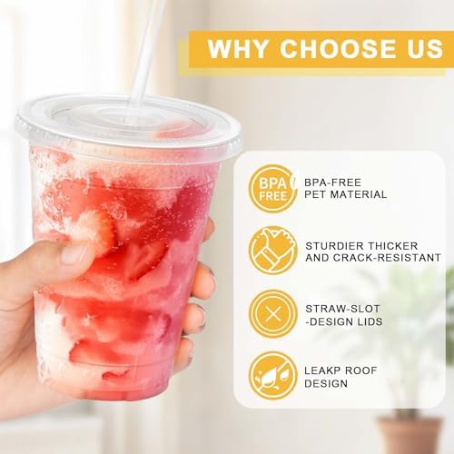 Clawsoff 100 Pack 16 oz Disposable Clear Plastic Cups with Lids and
